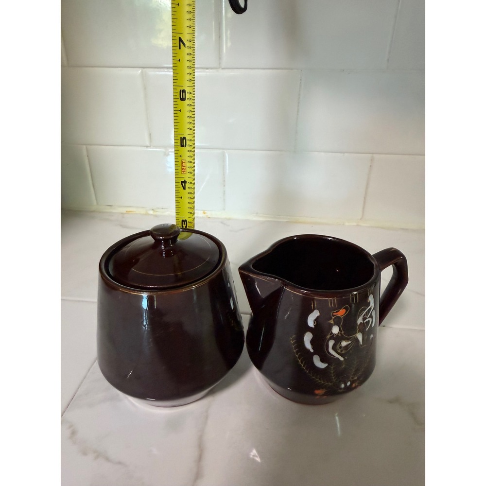Vintage Brown Betty Red ware Sugar Bowl and Creamer Set Mid Century Folk Art - Picture 6 of 8